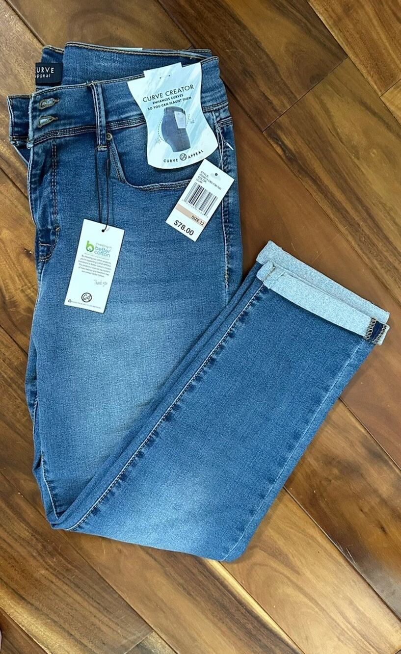 Curve appeal Women's Mid Rise Rolled Cuff Blue Denim Jeans Shaping System 12